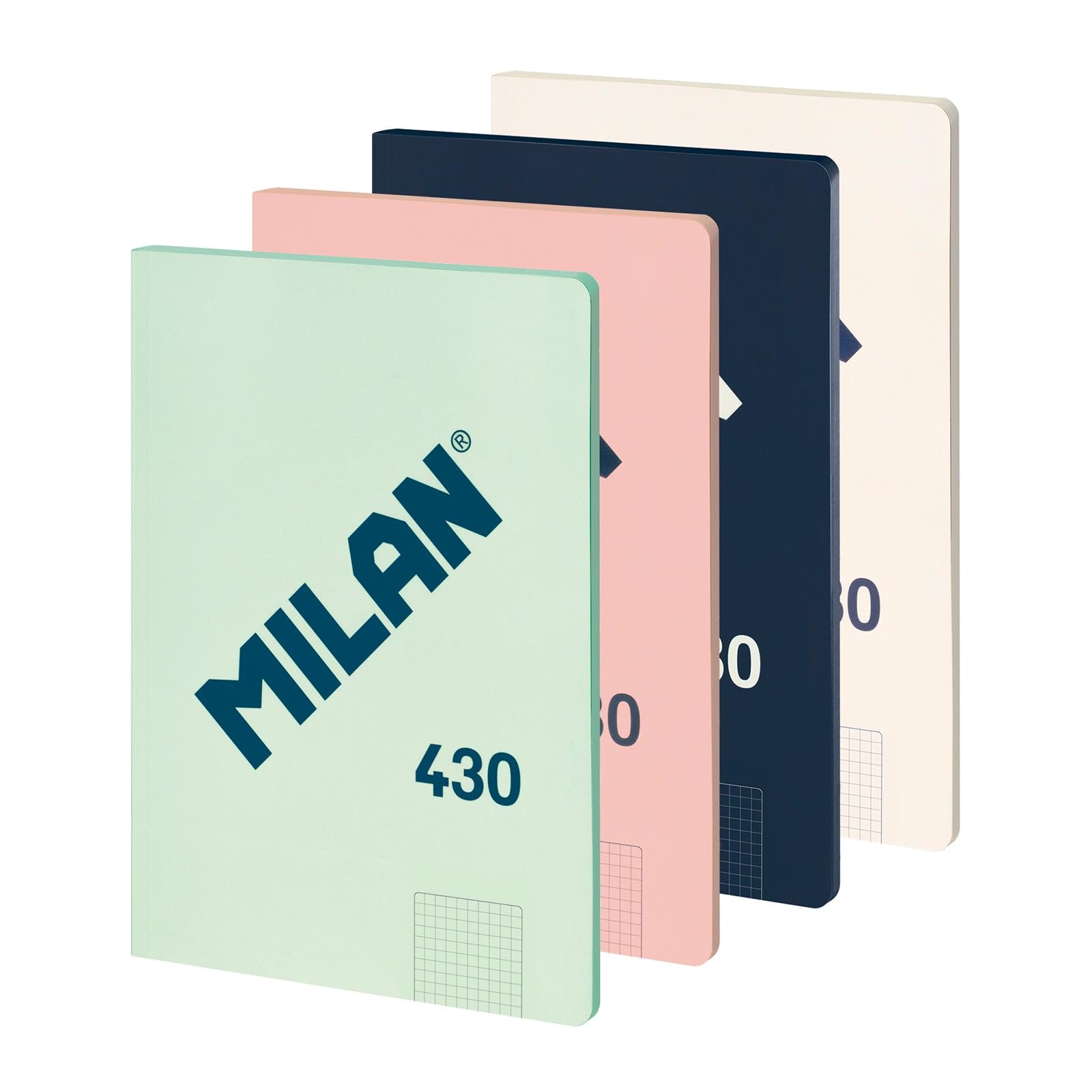MILAN Pack of 4 A4 Glued Notebooks, Lined Paper (7 mm), 48 Sheets of 95 g/m², Rubber Collection 430