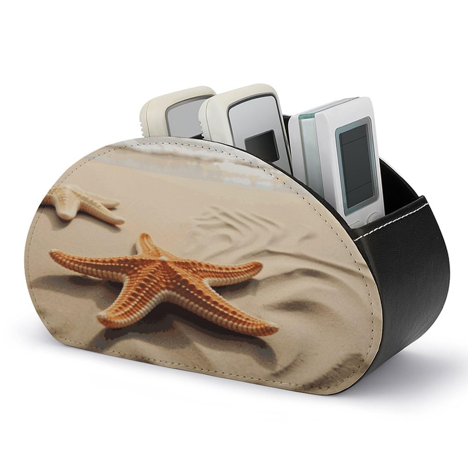 Starfish on The Sand Beach Landscape TV Remote Control Holder with 5 Compartments Multi-functional Leather Bedside Table Remote Caddy Desktop Storage Box for Store Pen Controller Media Player Cosmetic