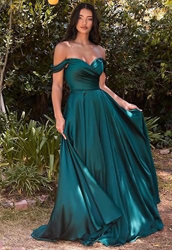 Miniatura 9 de PEIYJYUSP Vestidos de dama de honor de satén con hombros descubiertos para boda, largo, fruncido, acampanado, vestido de graduación formal con