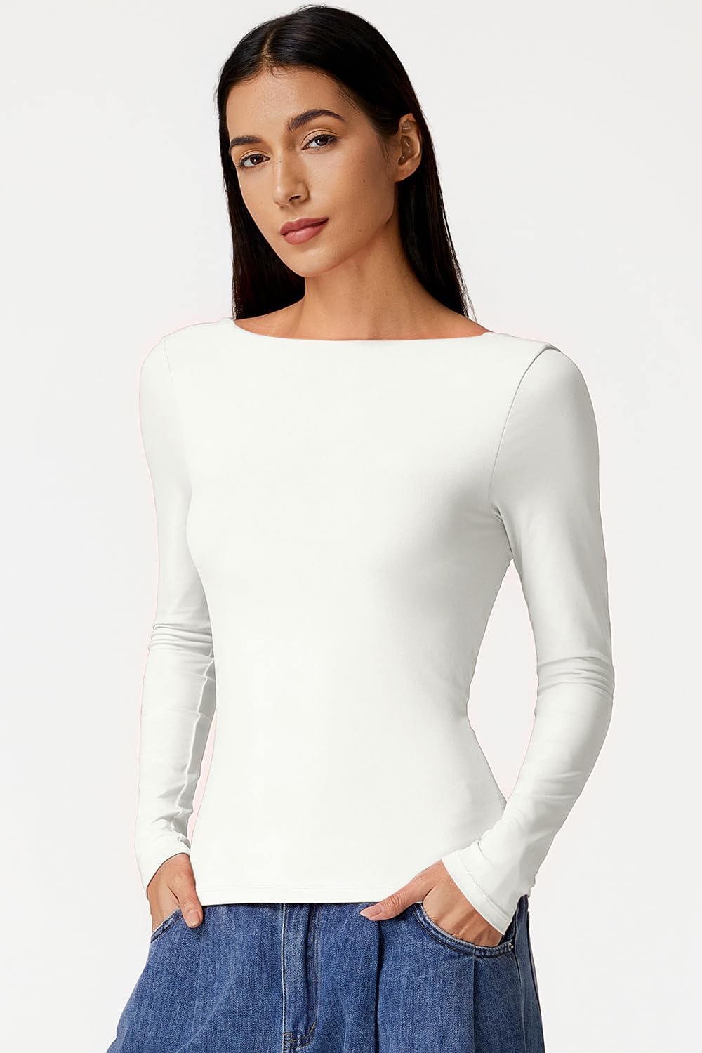 QINSEN Women's Cowl Back Long Sleeve Shirts Boat Neck Double Lined Going Out Tops Stretchy Fitted Casual T-Shirts - Image 4