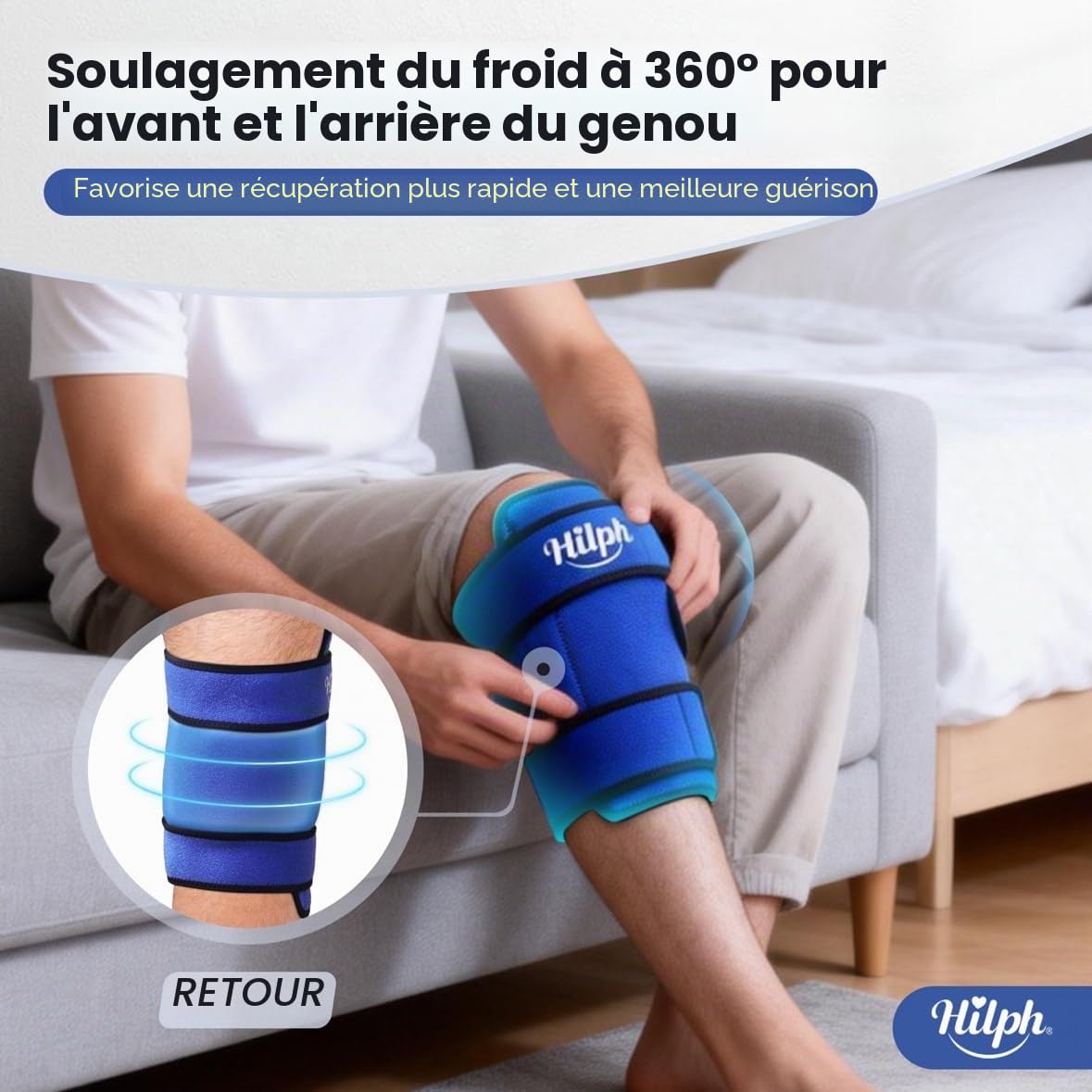 Hilph Poche de Glace Genou, Genouillère Thérapie Chaud/Froid Réutilisable - Enveloppement Total du Genou pour Chirurgie (Remplacement), Soulagement Douleur, Gonflement, Entorses - Bleu