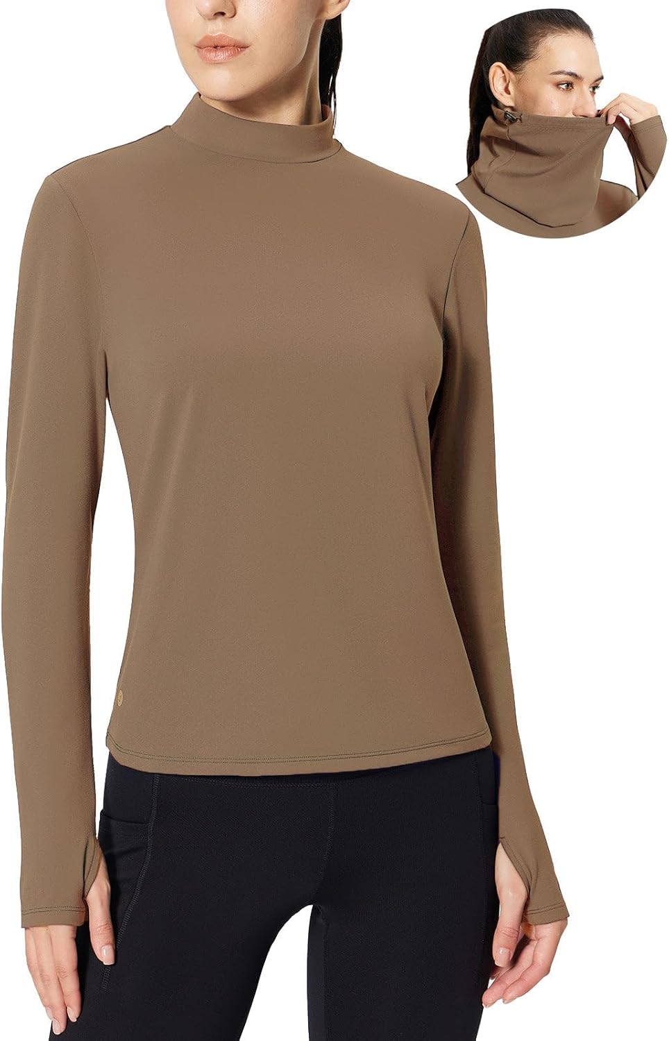 baleaf Women's Thermal Long Sleeve Shirts Fleece Mock Neck Top Warm Undershirts with Detachable Neck Gaiter Thumbholes