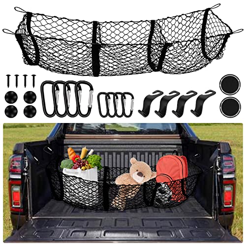 Upgrade Cargo Net Trunk Bed Organizer, Mesh Storage Net Heavy Duty Cargo Net With 3 Detachable Pocket For Suv,Car,Toyota,Pickup Truck Bed,Truck Bed Grocery Holder #TOP18