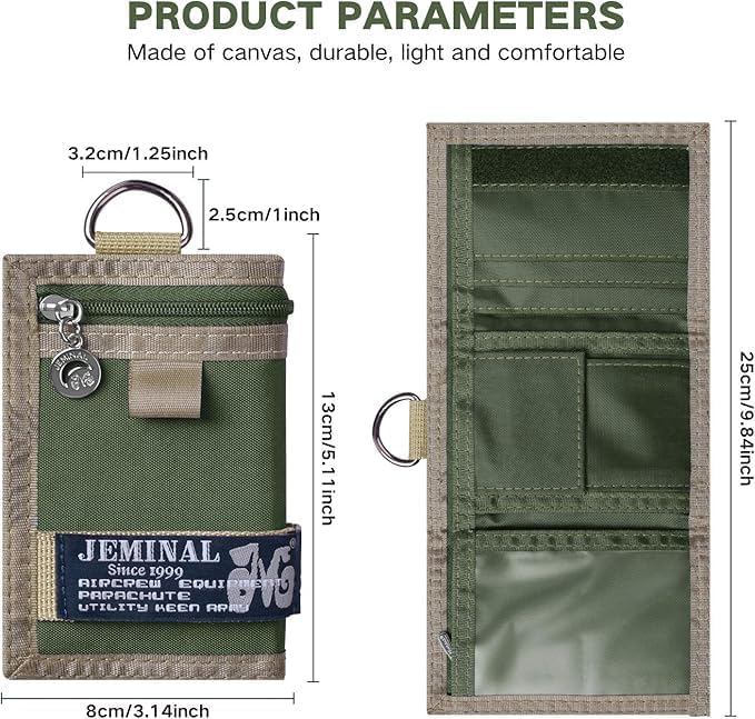 JEMINAL Trifold Wallet for Men Canvas Outdoor Sports Keychain Wallet with Multiple Card Slots and ID Window Green - Image 4