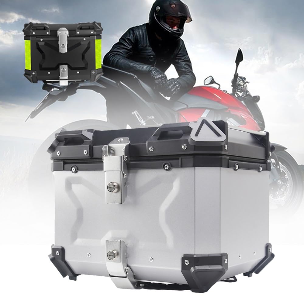 Baúl de moto de aluminio de 55L plata con cerradura de seguridad impermeable