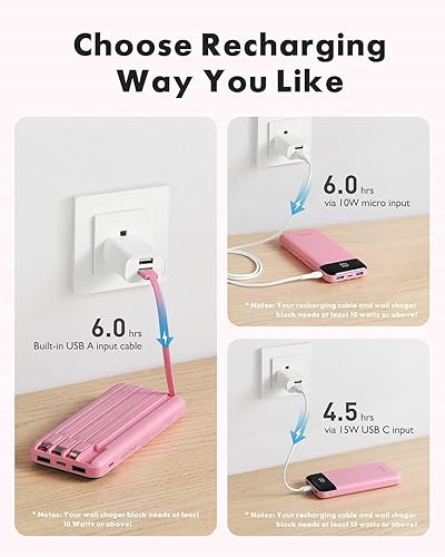 Miniatura 4 de Charmast Cargador portátil con cables incorporados, banco de energía con cables, batería de viaje delgada de 10000 mAh, 6 salidas, 3 entradas, carga