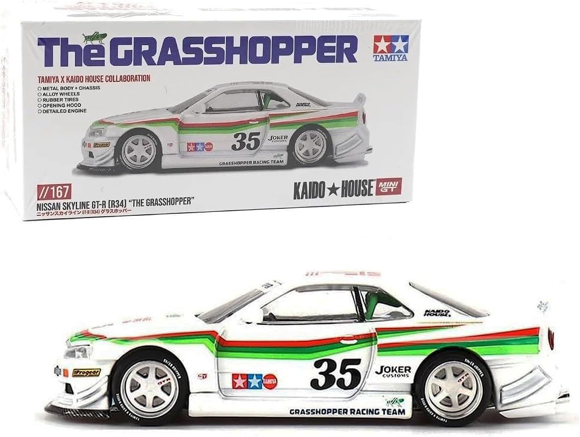 1:64 Diecast Model Car Compatible for Nissan Skyline GT-R (R34) Tamiya X Kaido House “The Grasshopper” V1 White Limited Edition by Kaido House x Mini GT KHMG167