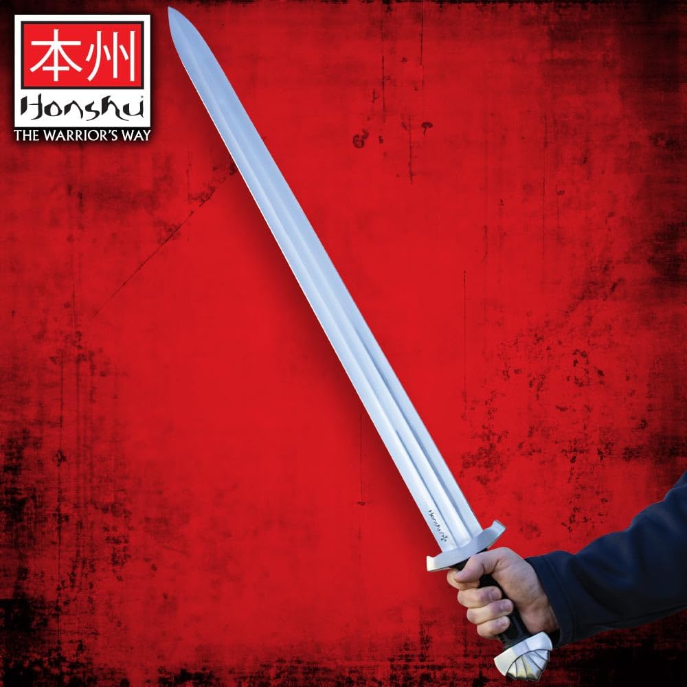 Honshu Viking Sword with Scabbard | 4MM Thick 1060 Carbon Steel Blade | Black Thermoplastic Rubber Handle | Tactical Update of Classic Viking Craftmasnhsip | 38 ½" Overall Length