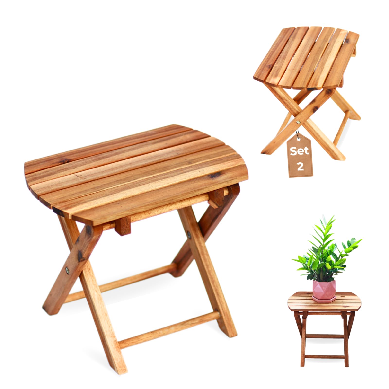 TIMBERHOLM Pack of 2 Outdoor Folding Side Tables, Small Folding Table Outdoor, Foldable Outdoor Side Table, Portable Side Table, Small Porch Table, Small Coffee End Table (Natural, Oval)