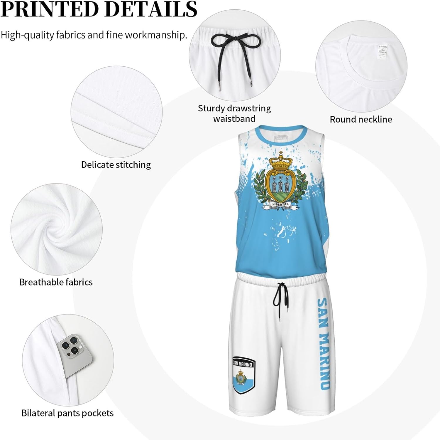 San Marino Flag Grain (2) Basketball Jersey Uniform Suit for Men Adults Training Athletic Set