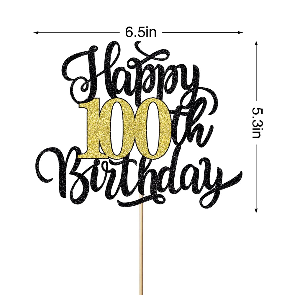 Happy 100th Birthday Cake Topper, Black Gold Glitter Birthday Cake Topper, 100th Anniversary/100 Years Old Birthday Party Cake Decoration Supplies