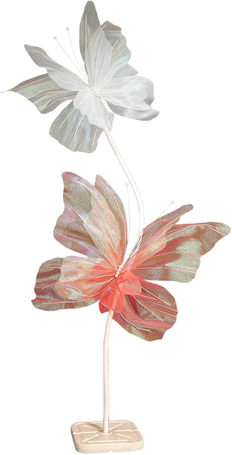 2Pcs Silk Butterfly Decorations Big and Small Butterfly Decoration with Standing Base Event Decorations Artificial Gauze Butterfly Decoration (D)