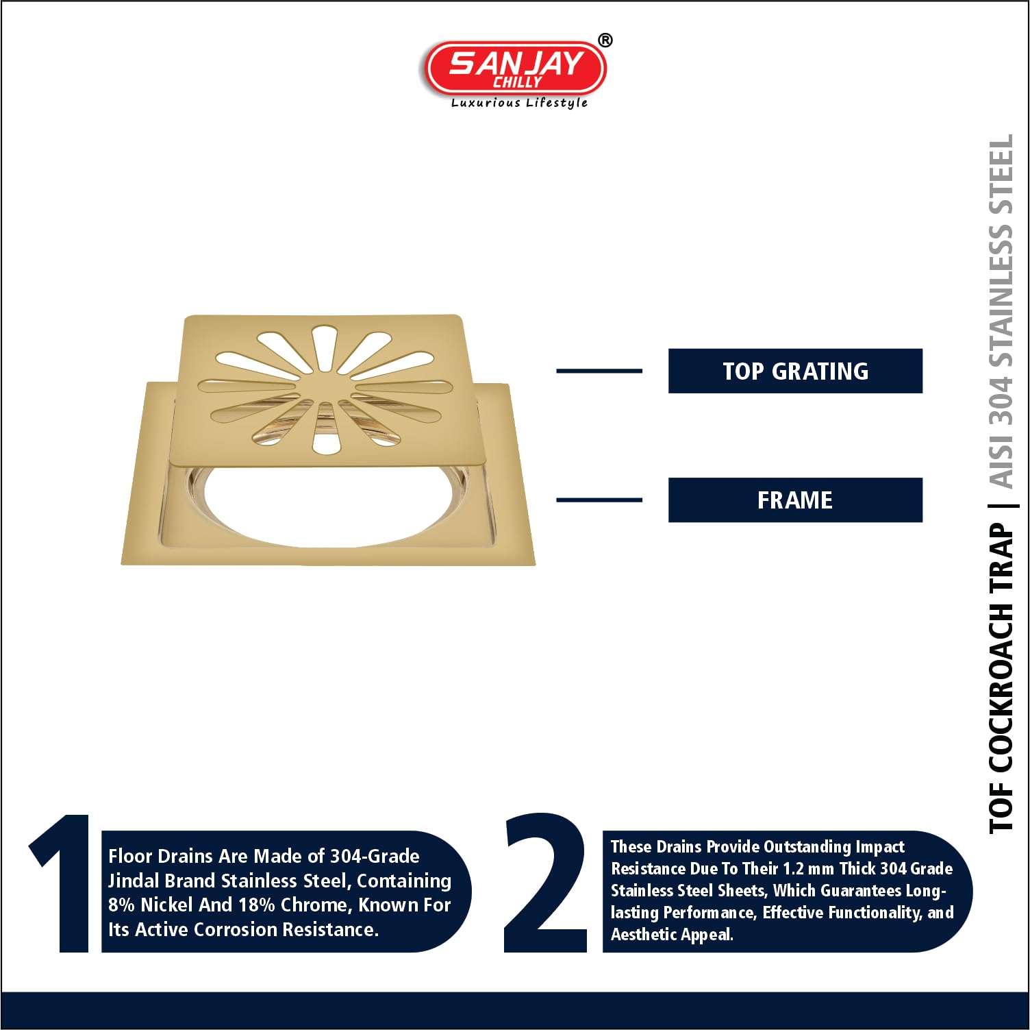 Sanjay Chilly Square Ezee SS Floor Drain Colour Collection | 304 Grade Bathroom Gratings | Waste Water Drainer Shower Channel Sink Bathtub Washbasin & Toilet (TOF French Gold 6x6 Inch) 2