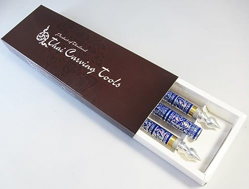 Miniatura 5 de Juego de 3 cuchillos tailandeses de talla de frutas y jabón de latón hecho a mano color azul