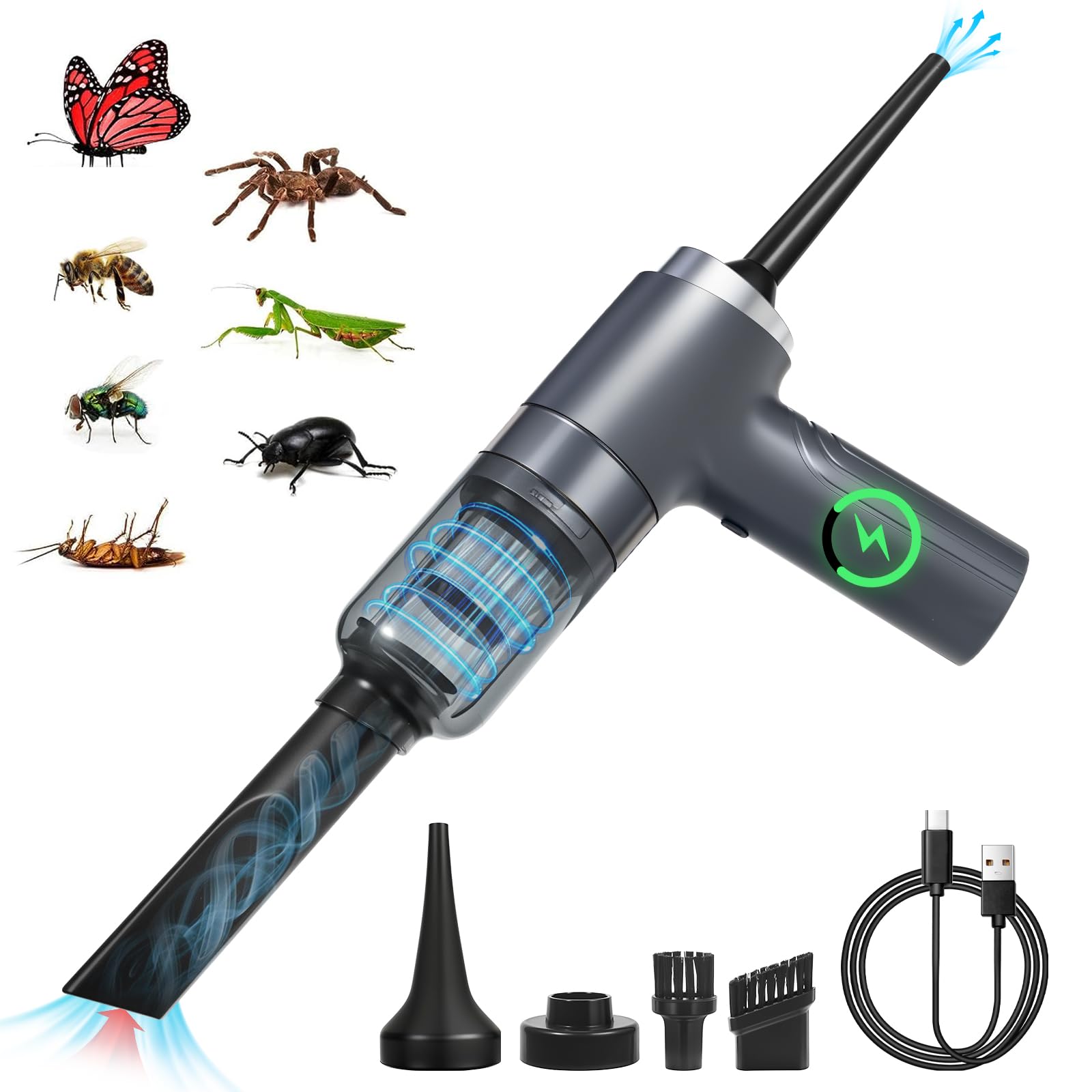 Photo 1 of 2026 Bug Vacuum Catcher, 2-in-1 Handheld Portable Car Vacuum Cordless, Rechargeable Bug Catcher with Strong Suction,Multi-Long Nozzles for Spider, Beetle, Stink Bugs for Car, Home, Office, Garden
