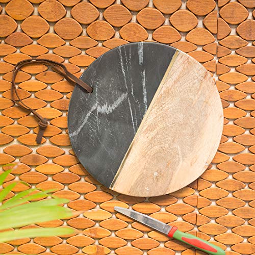 ExclusiveLane ‘Ocean Black Brass-Inlayed’ Round Chopping Board for Kitchen Fused with Mango Wood & Marble – Vegetable Cutting Board Cheese Board Slicing Board Multipurpose Cheese Platter Serveware