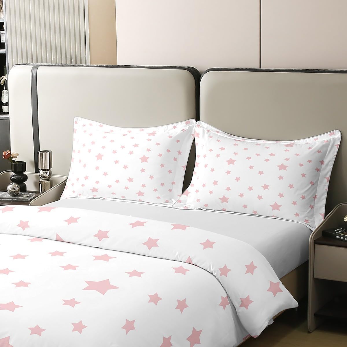 Pink Stars Kids Duvet Cover 100% Cotton Full Size,Starry Sky Cartoon Romantic Girls Women Bedding Set,Geometric Stars Patchwork Pink White Simple Comforter Cover,2 Pillowcases(No Comforter)