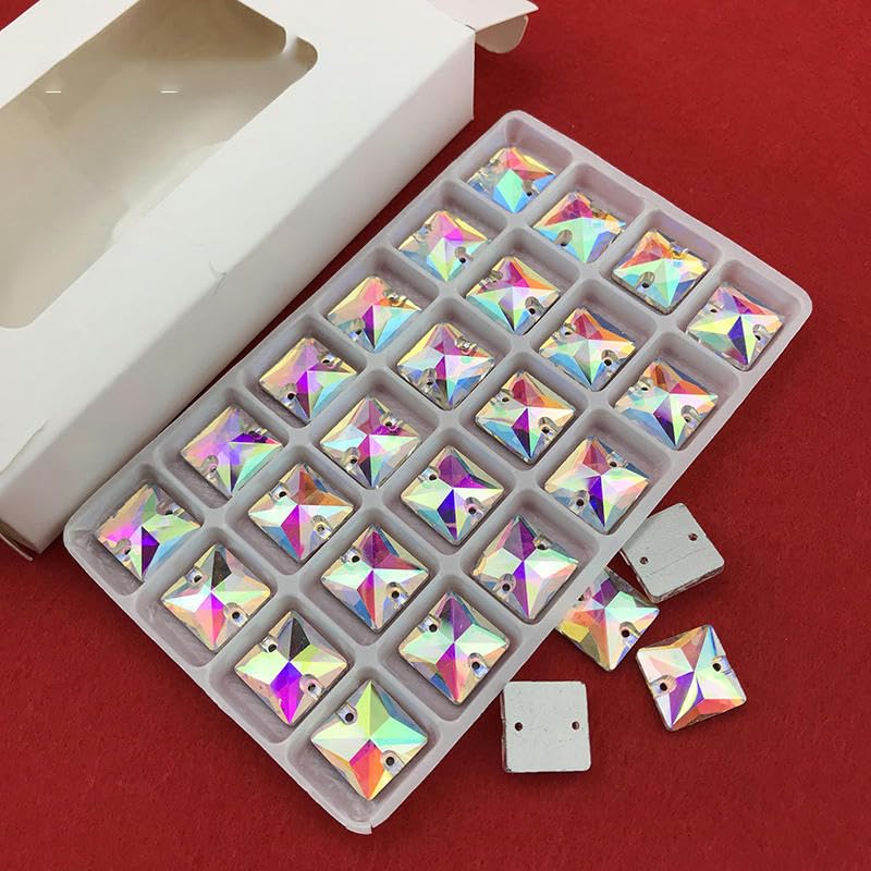Cristallo Strass In Vetro Bianco AB, Forma Quadrata, Fondo Piatto, 1mm, Cucito