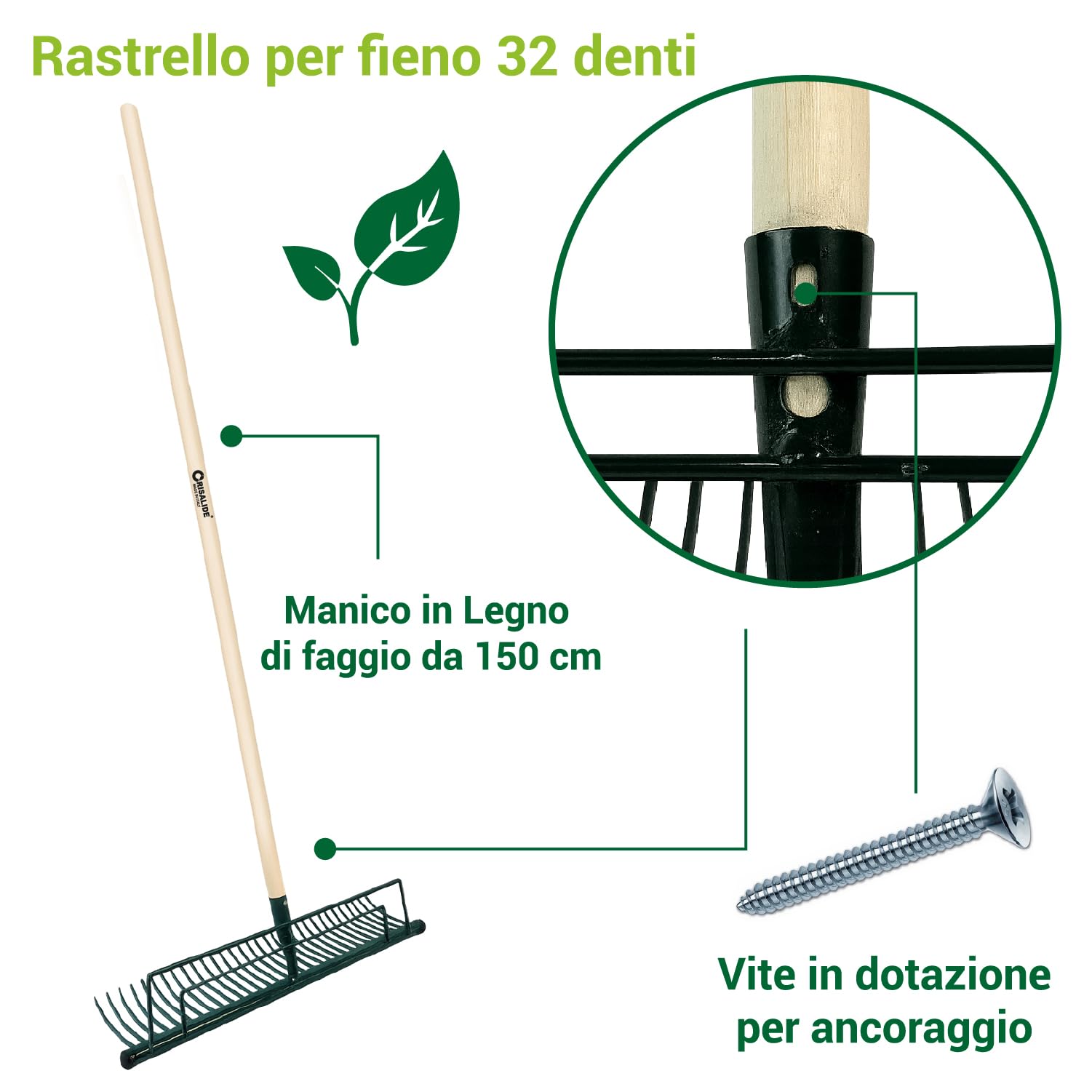 CRISALIDE® Rastrello per Fieno 32 Denti – Manico in Legno di Faggio 150 cm – Con Vite di Fissaggio Inclusa – Attrezzo da Giardinaggio e Agricoltura Professionale