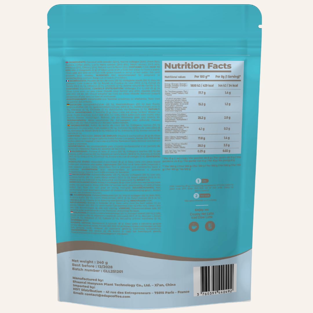 Glow Latte – Café Latte Instantané aux champignons adaptogènes & Collagène Marin - Lion’s Mane & Reishi – Focus, Vitalité & Bien-être - Crémeux & Gourmand - Sans Sucre Ajouté – 30 Tasses – ADAPCOFFEE