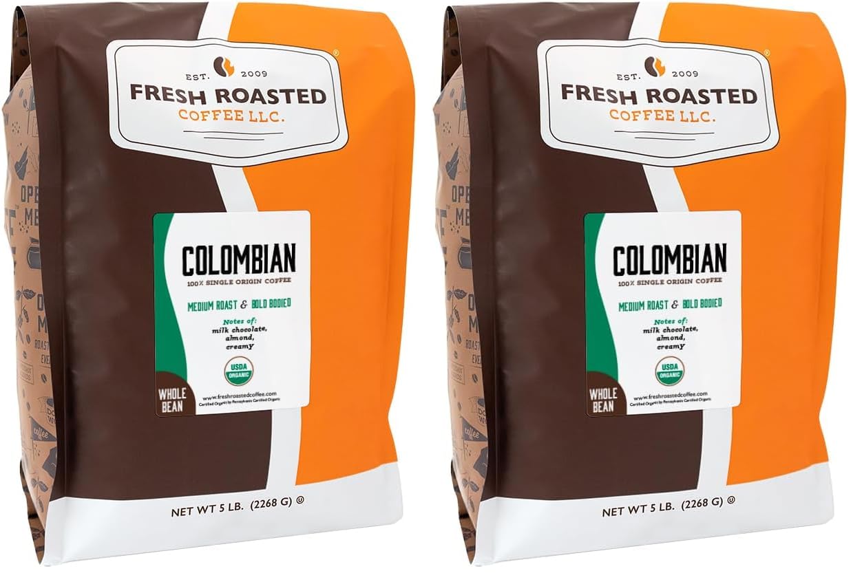 Fresh Roasted Coffee, Organic Colombian Whole Bean Coffee, Medium Roast, USDA Organic, 100% Single Origin, Kosher, 5 lb (80 oz) (Pack of 2)