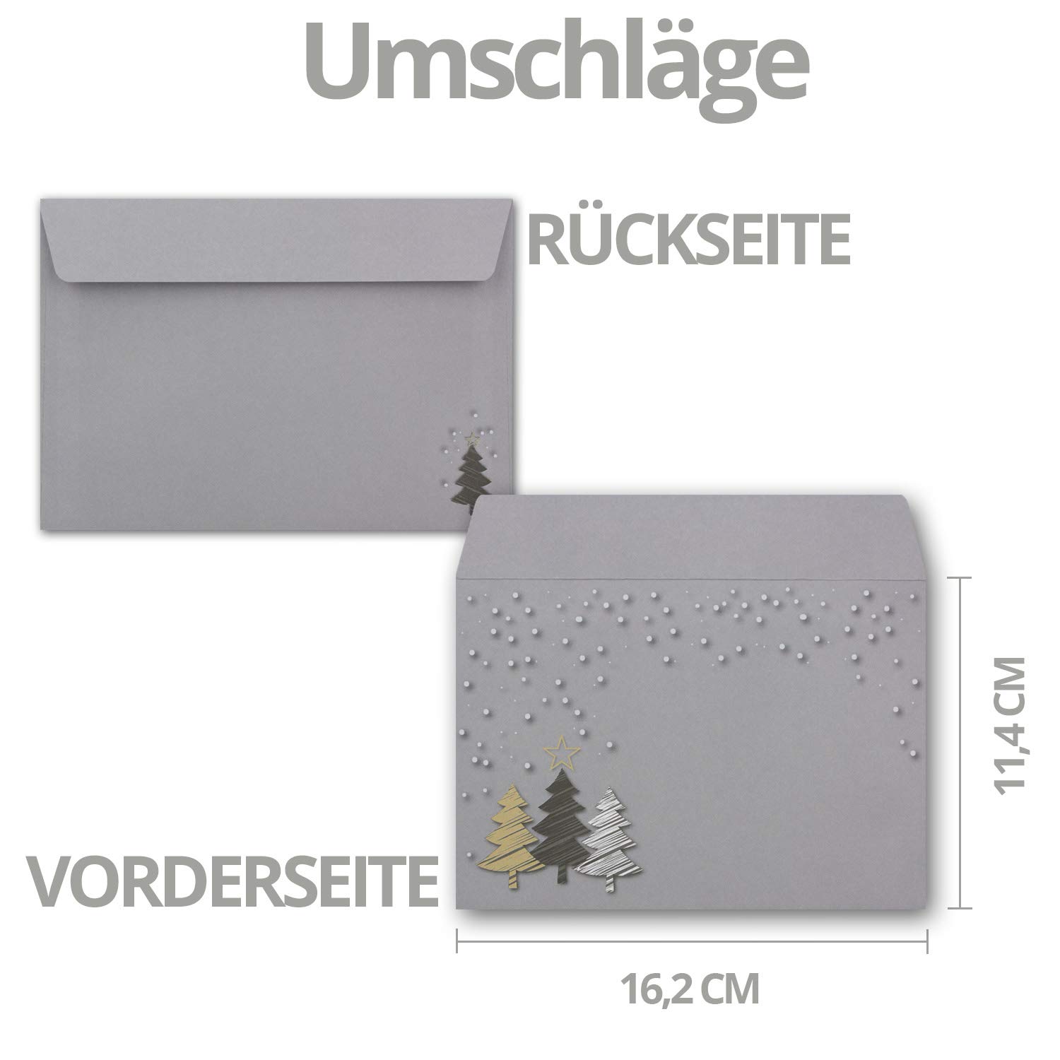 Juego de 75 tarjetas de Navidad DIN A6 en gris con árboles de Navidad en aspecto de arañazos, tarjetas plegables con sobres a juego, saludos navideños para empresas y privados