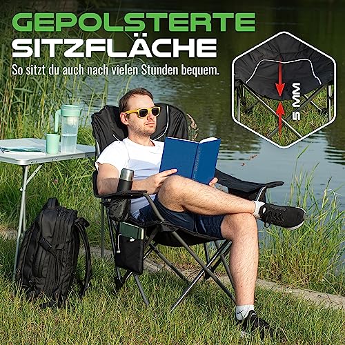 Foto von MOUNTREX Campingstuhl - Klappstuhl bis 150kg - Angelstuhl, Strandstuhl - verstellbare Rücken- & Armlehne, faltbar, gepolstert, klappbar - Camping Stuhl Inkl. Kühltasche, Getränkehalter (Schwarz)