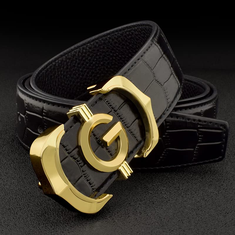 GenericG Smooth button buckle metals G belts mens Leisure Waistband man Genuines leather Casual hombre Waist Strap fashion Cowskin sash (Black gold buckle, 120cm)