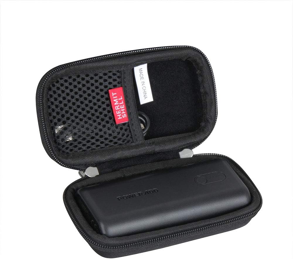 Hermitshell hard travel case open with a black POWERADD EnergyCell II 10000 portable charger placed inside the main compartment.