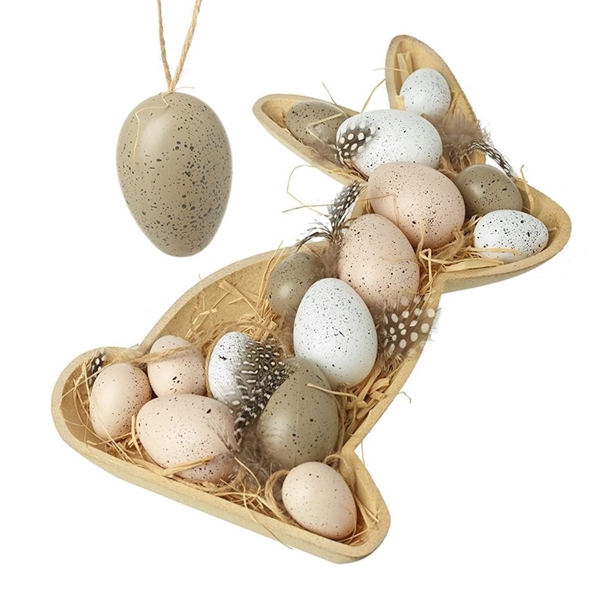 Heaven Sends Multicolor Rustic Wooden Bunny Tray With Speckled Easter Eggs And Feathers