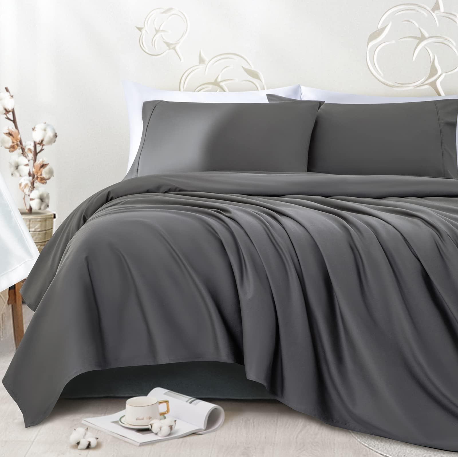 LBRO2M 1000 Thread Count 100% Cotton Sheets Set,Queen Size Bed Sheet 4 Piece Sets,16 inches Deep Pocket,Bedding Super Soft Breathable,Sateen Weave Long Staple (Dark Grey)