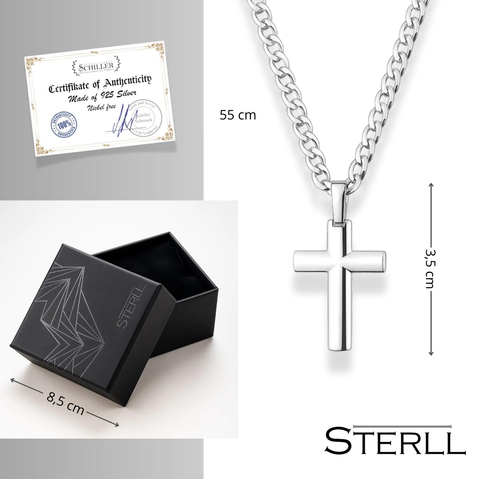 Herren-Kette aus massivem 925 Silber mit einem silbernen Kreuzanhänger mit Schmuckbox