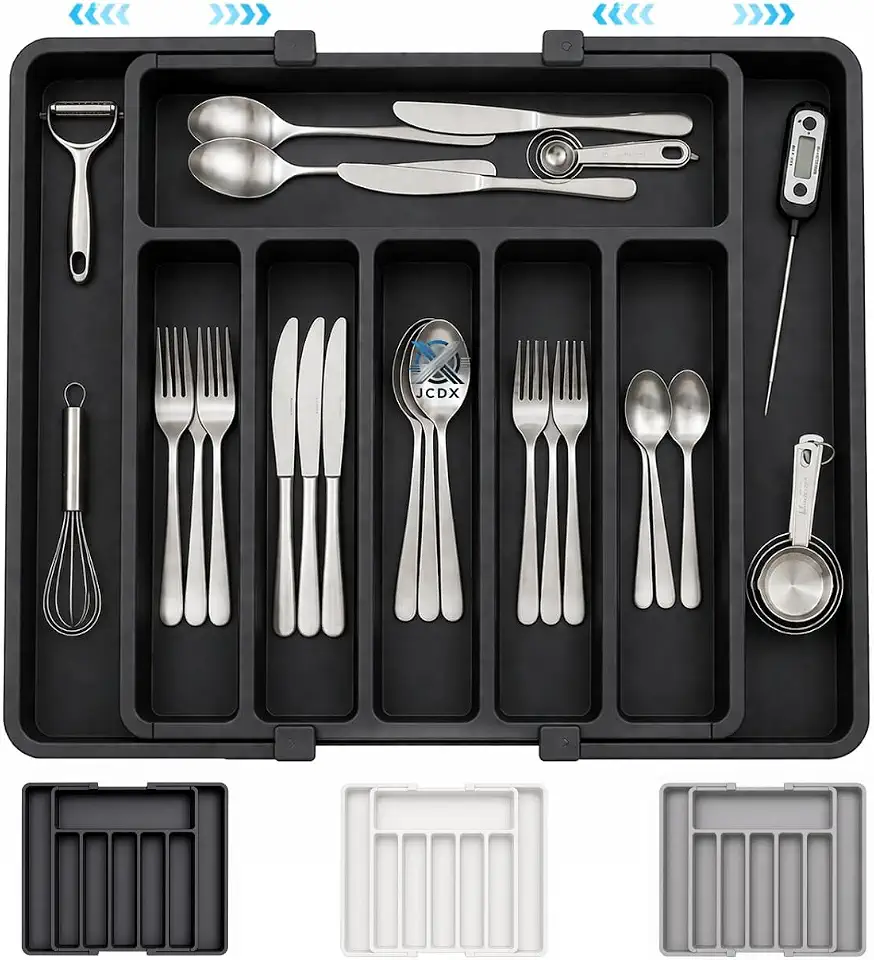 Organizador de Talheres Ajustável Expansível para Gaveta de Cozinha, Porta Talheres com 8 Divisórias, Bandeja Extensível Retrátil para Utensílios Facas e Talheres, Plástico Resistente (Preto)