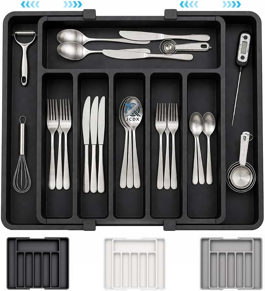 Organizador de Talheres Ajustável Expansível para Gaveta de Cozinha, Porta Talheres com 8 Divisórias, Bandeja Extensível Retrátil para Utensílios Facas e Talheres, Plástico Resistente (Preto)