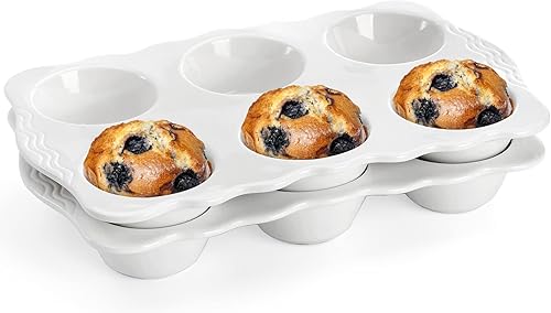 Miniatura 5 de Paquete de 2 moldes de cerámica para muffins, 6 tazas antiadherentes para magdalenas con asas para pasteles de muffins, tartas de huevo, mousse,
