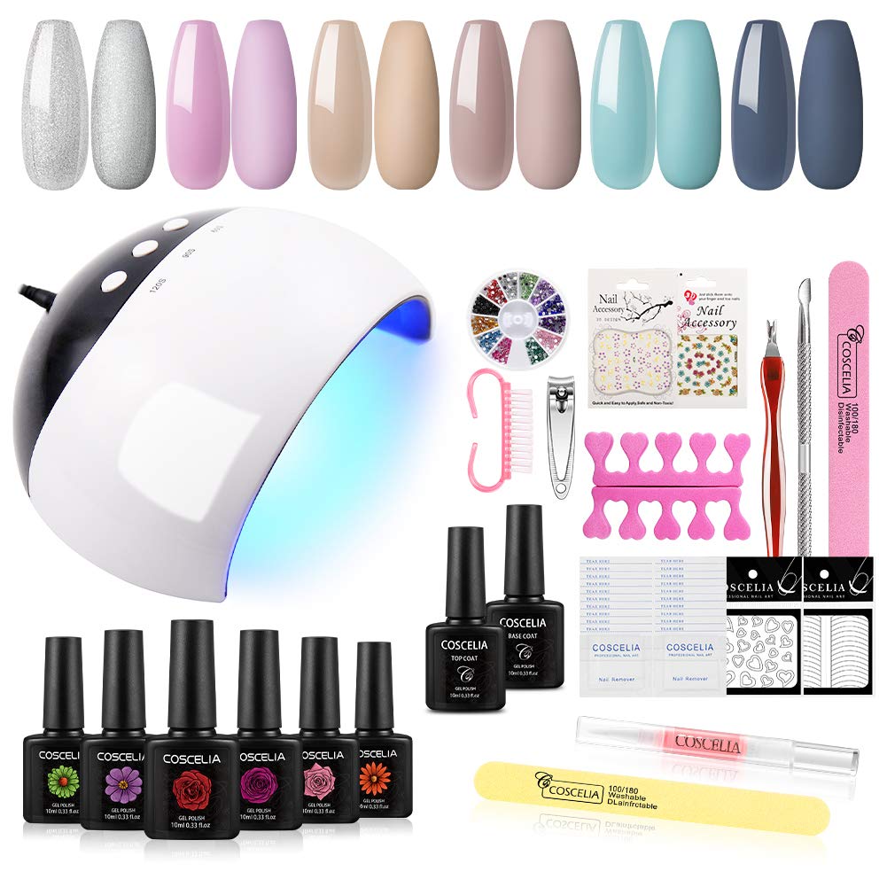Gel Nail Polish Kit with UV Light 6 Colors Soak Off Nail Gel Base and Top Coat 24W UV LED Nail Lamp Pink Blue Silver Summer Color Nail Art Tools Decoration Set