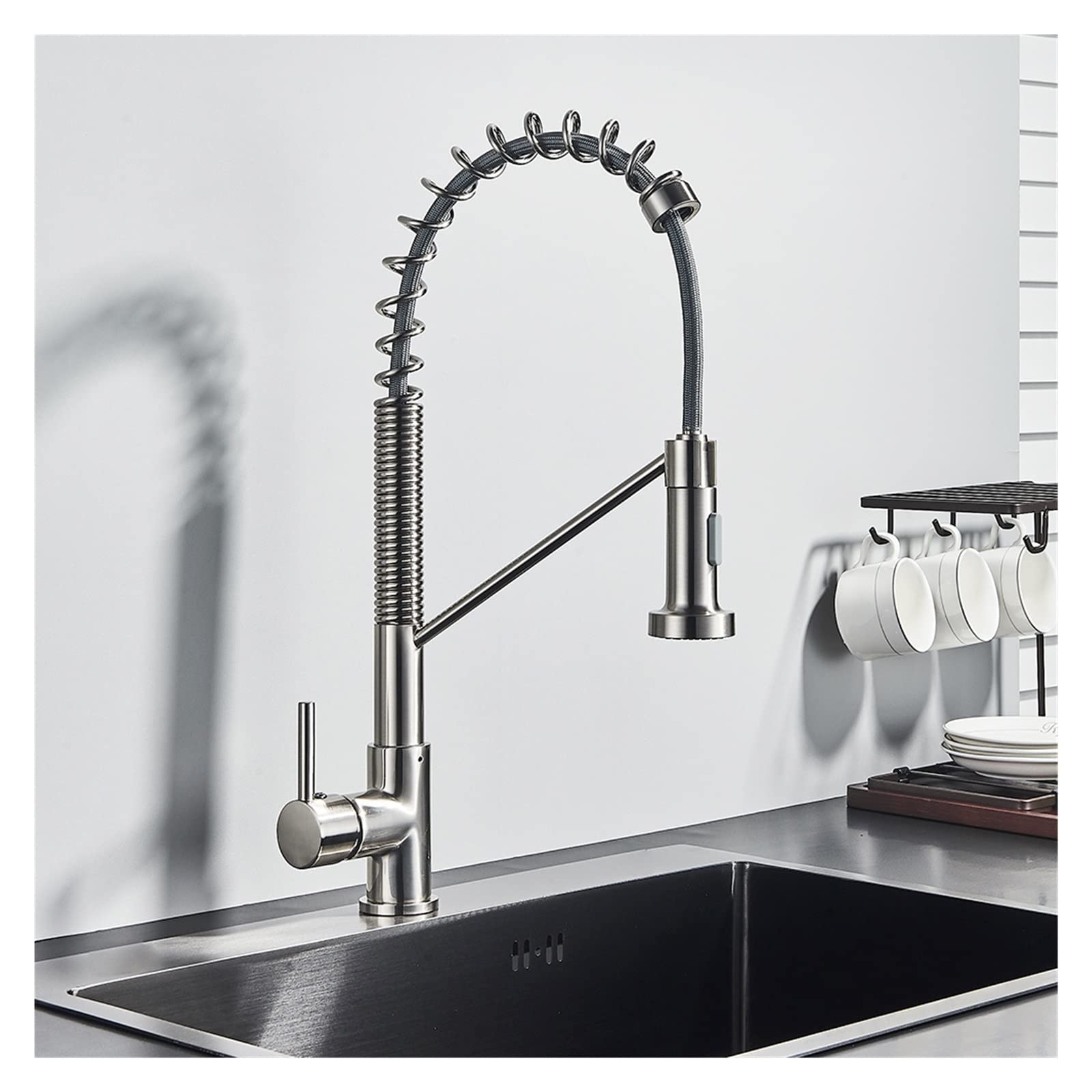 Mitigeur de cuisine extractible en nickel brossé avec jet rotatif 360° pour évier chaud et froid