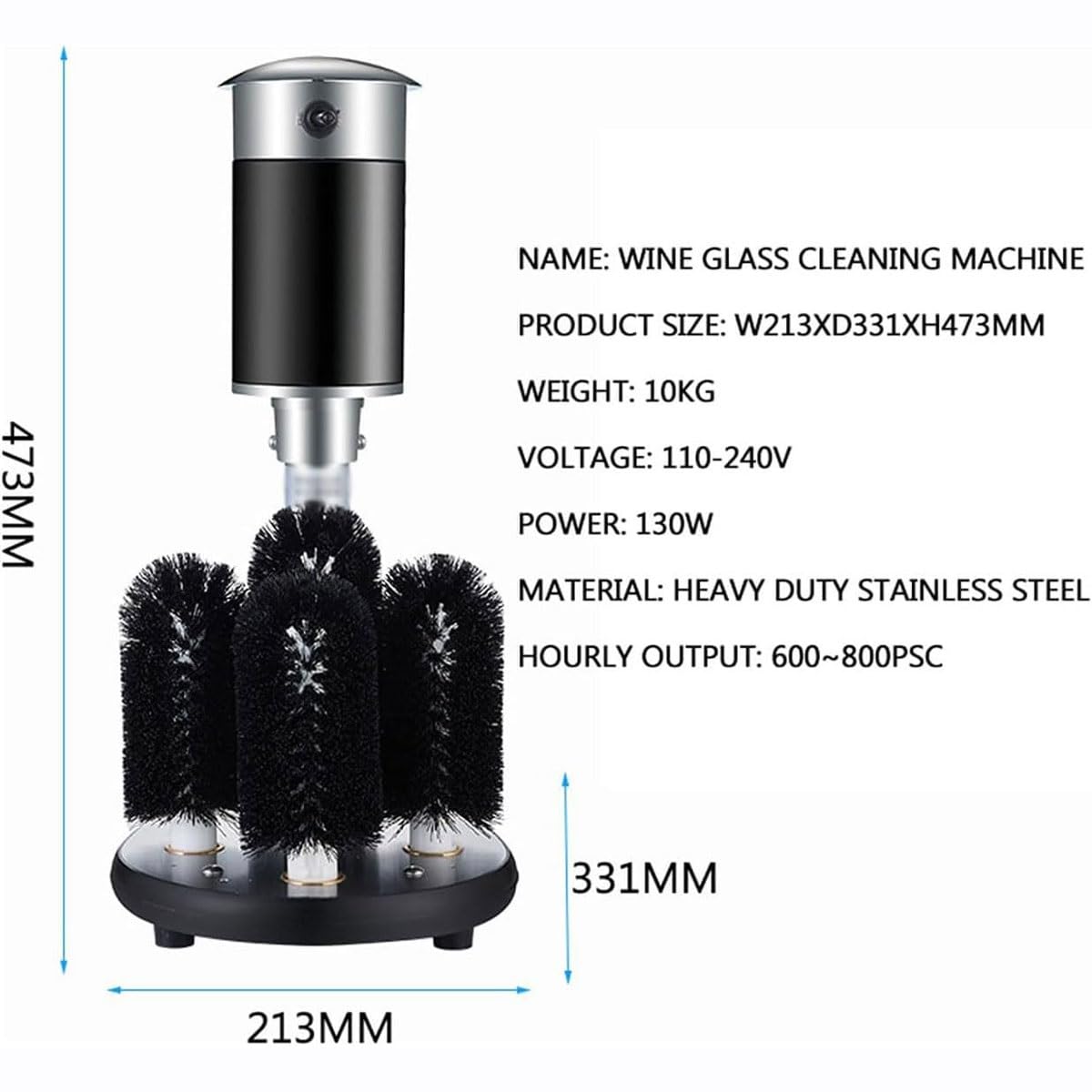 Lavadora de vidrio automática comercial, 5 cepillos, lavadora de vidrio eléctrica vertical, máquina pulidora de limpieza de copas de vino, para tazas de cerveza, barras de tazas de pierna