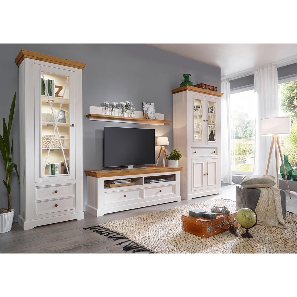 Lomadox Wohnwand TV-Wand Kiefer weiß Eiche 4-teilig Landhausstil, 1 Vitrine, 1 Vitrinenschrank, 1 Lowboard, 1 Wandboard