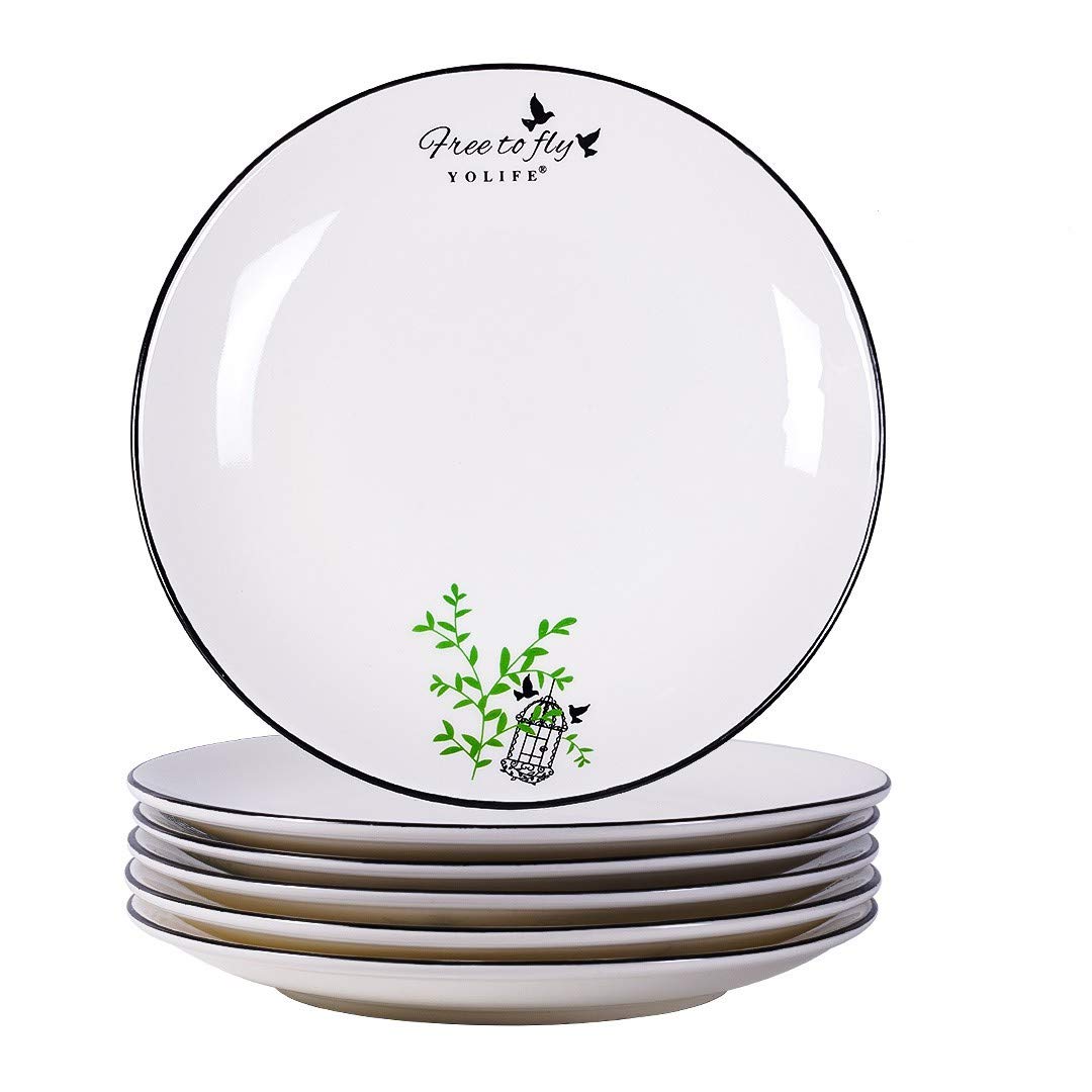 Porcelain Dinner Plates Set, 8 inch Dessert Plate, Yelife Ceramic Stackable Dish Set, Serving Plates, Appetizer Catering Plates, White & Black Border Plates, 6 Pack, Happy Bird