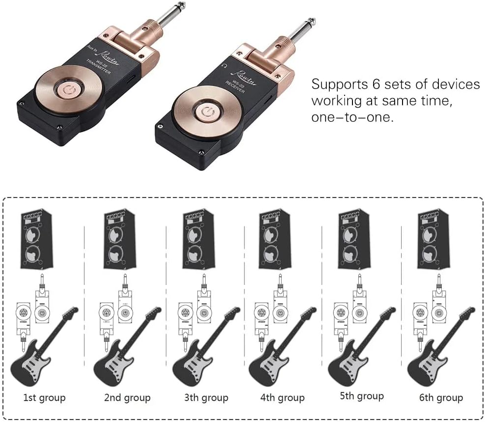 Diagram showing six independent WS-20 wireless guitar systems operating simultaneously