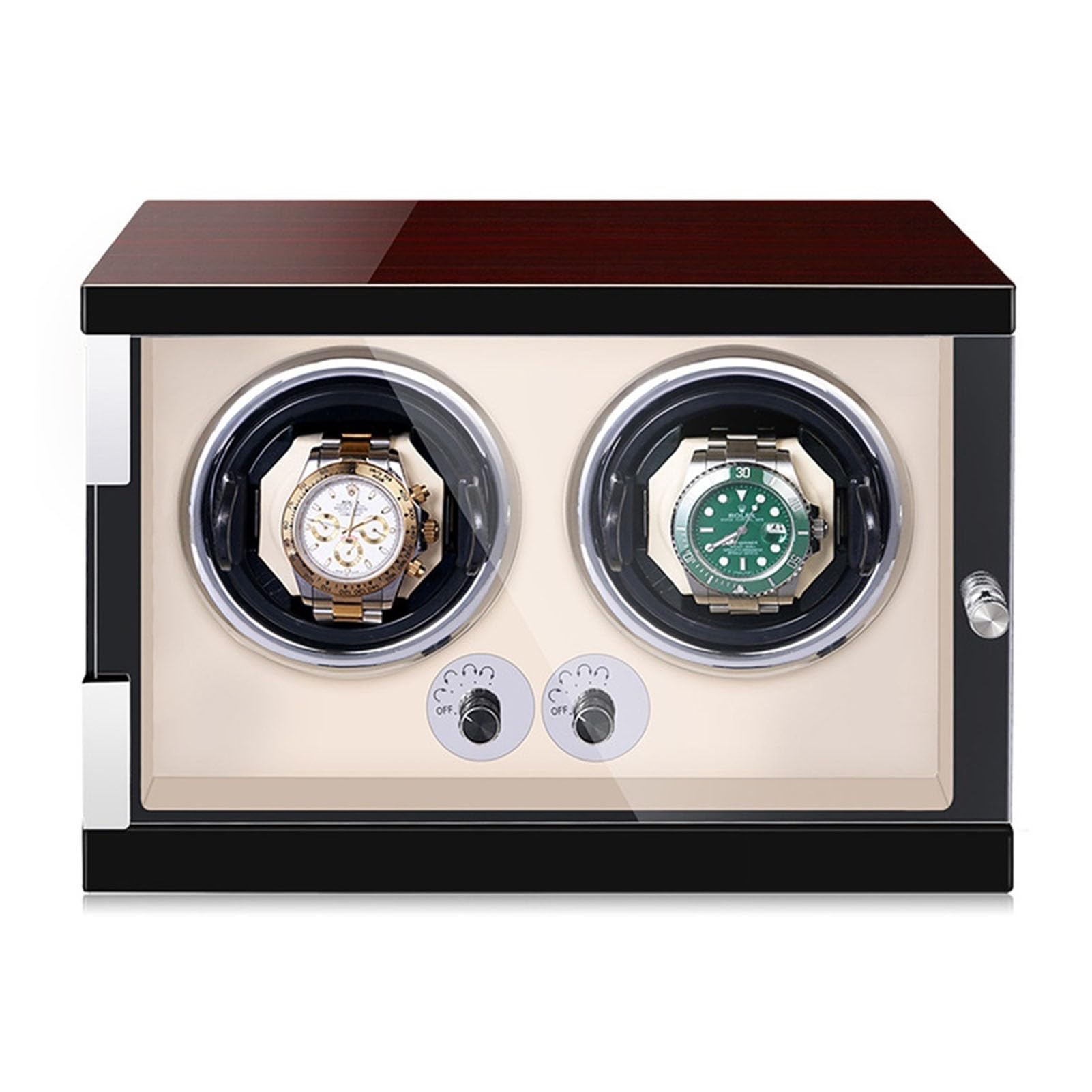 Lussuoso Carica Orologi Doppio, Custodia per Orologi, Guscio in Legno, Pianoforte, Scatola Girevole per Orologi a Carica Automatica con luci LED, Cuscini per Orologi rego，Beige Pu-2+0