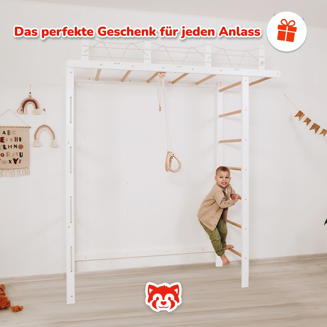 Wood And Hearts Drinnen Schwedische Leiter, Klettergerüst Indoor, Indoor Kletterwand Kinder, Turngeräte in Weiß und natürliche Holzfarbe mit Paar Gymnastikringe