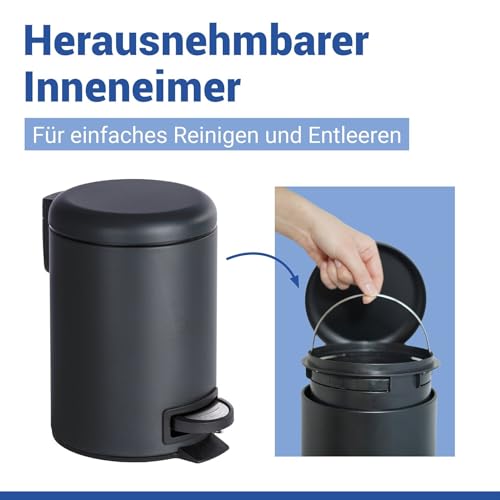 WENKO Kosmetikeimer 3 Liter, Stahl, herausnehmbarer Inneneimer mit Müllbeutelhalter, Mülleimer fürs Bad mit Deckel und Tretfunktion, ausklappbarer Tragegriff, Schwarz matt, Mod. Leman
