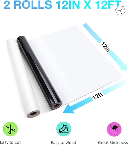 Miniatura 2 de HTVRONT Rollos de vinilo de transferencia de calor HTV 12 pulgadas x 12 pies, vinilo de transferencia de calor blanco y negro para camisas, 2 rollos