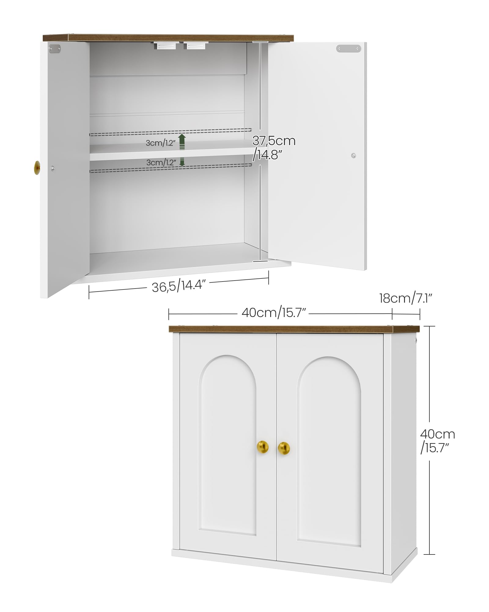 CHOEZON Armario de Baño de 40x18x40 cm, Armario de Baño sobre Pared con Estantes Ajustables, Mueble Colgante Estilo Rústico, para Baño, Cocina, Sala, Dormitorio, Blanco y Nogal