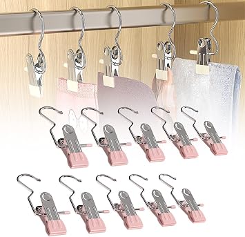 Space-Saving Clothespin Hat Pants Storage Hanging Travel Hook, Stainless Steel Boot Hangers Clips Boot Hangers for Closet, Laundry Hooks Hanging Clips Clothes Pins Socks Towel Clips Pink, 50Pcs