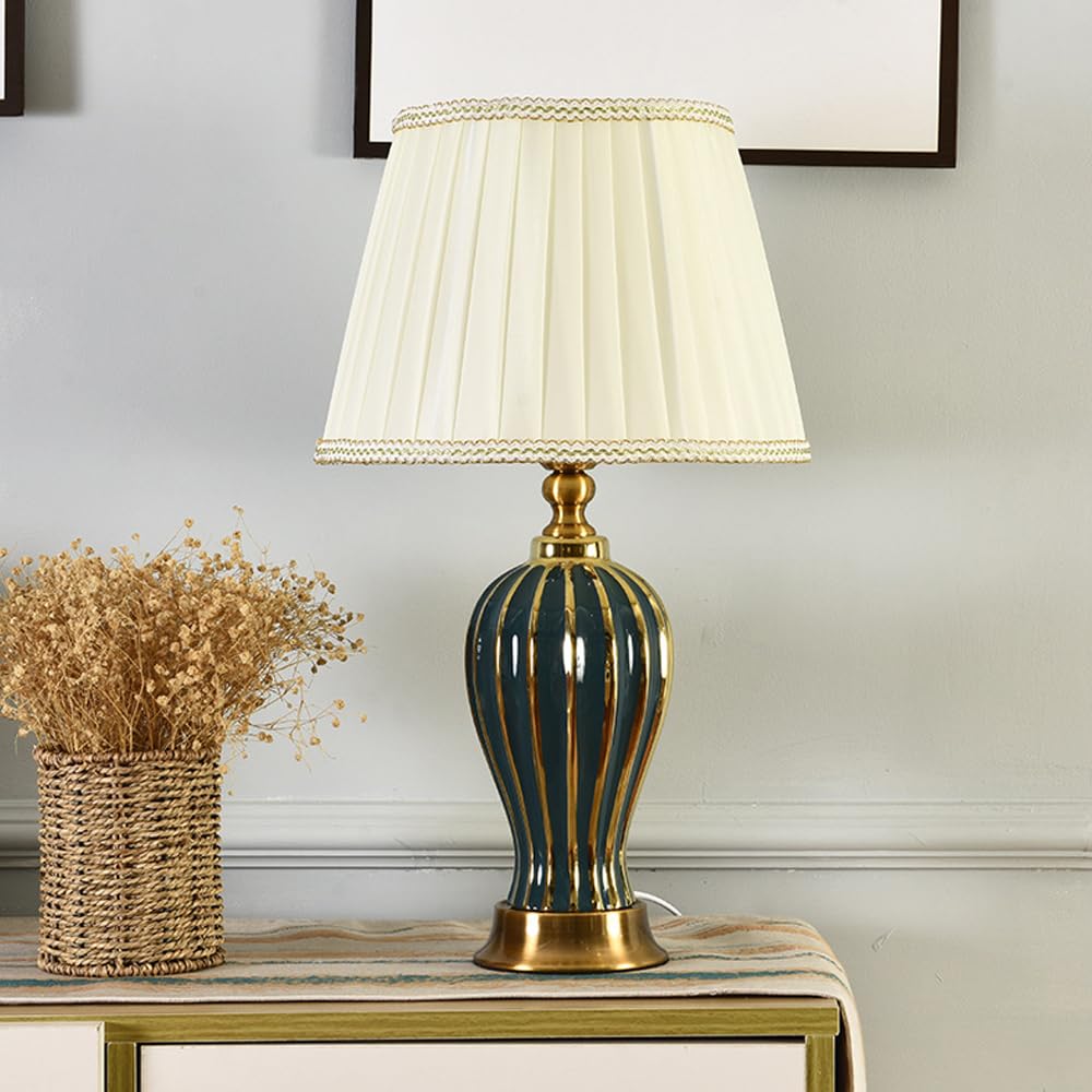 Klassische Tischlampe Lampenschirm mit Stoffschirm keramischer Lampenfuß - D30 x H52 - E27 Lampe - ohne Leuchtmittel (Grün)