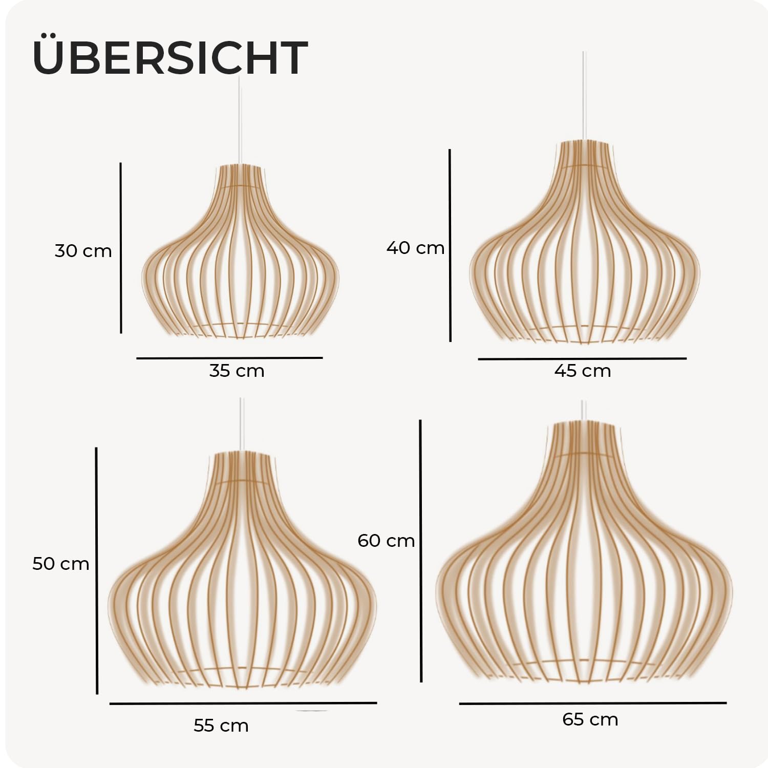 Pendelleuchte Holz „Iduna“, skandinavische Hängelampe Esstisch + Wohnzimmer, Boho Hängeleuchte höhenverstellbar + dimmbar mit E27 Fassung (HxD 50x55 cm, Iduna)