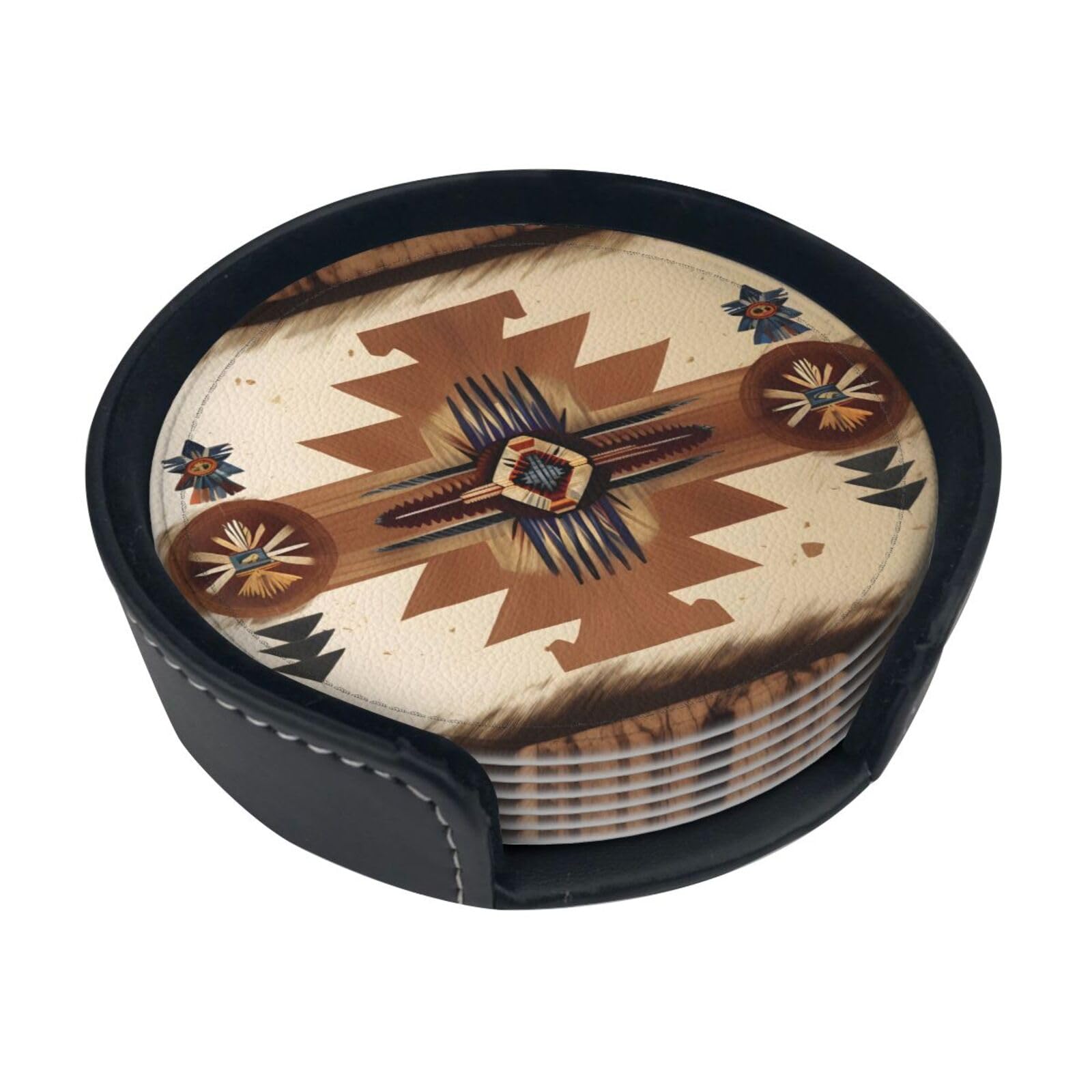 Native American Patterns Patterned Coaster Set (6 Pack), Round Coasters, Suitable for Home Kitchen or Coffee Table Decoration